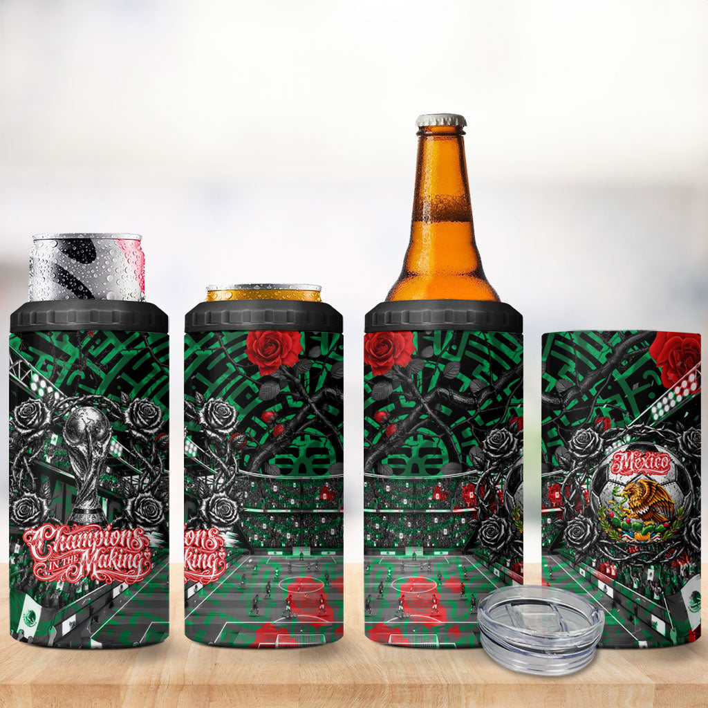 Mexico Football Golden Eagle Champions 4 in 1 Can Cooler Tumbler Aztec Geometric Pattern Red Rose