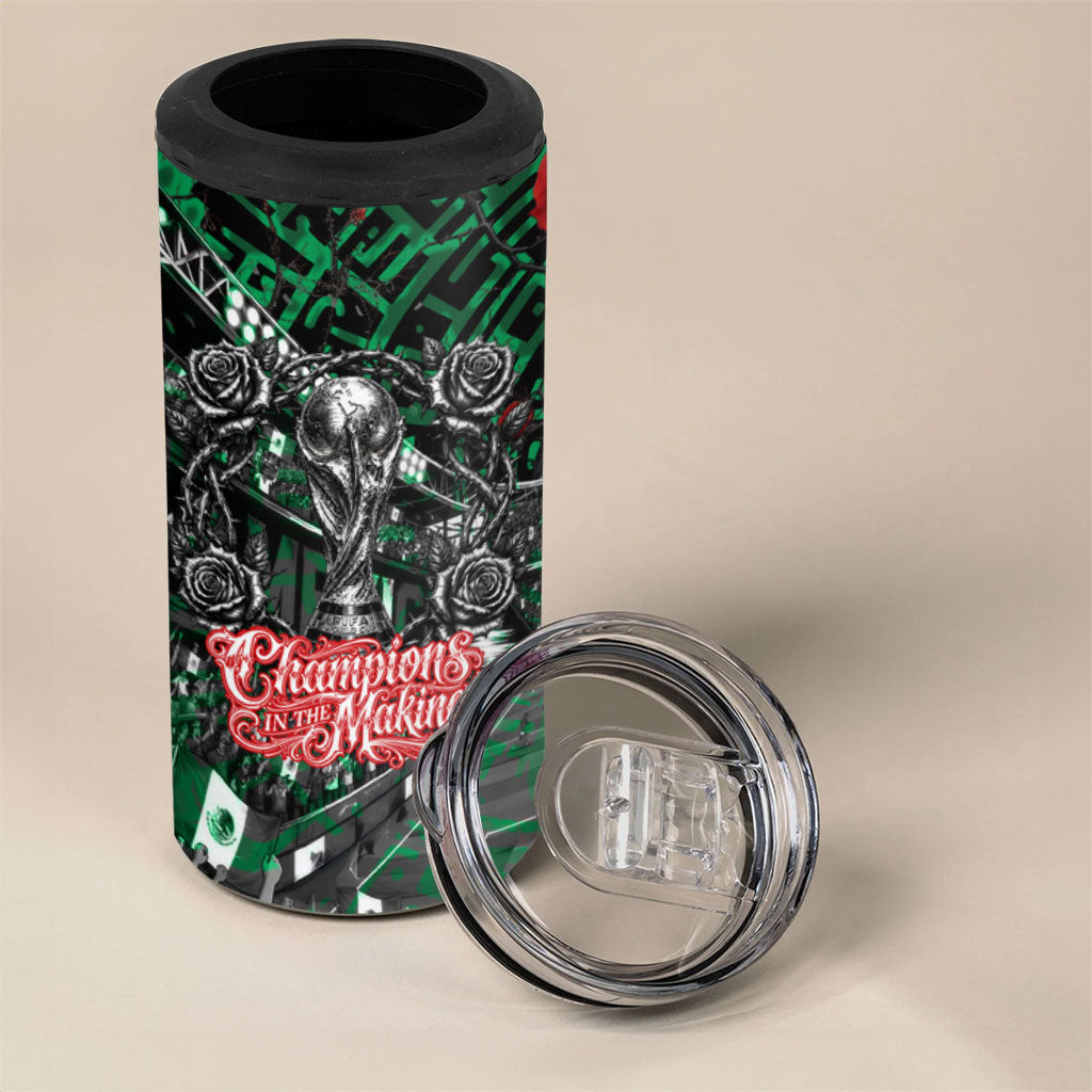 Mexico Football Golden Eagle Champions 4 in 1 Can Cooler Tumbler Aztec Geometric Pattern Red Rose