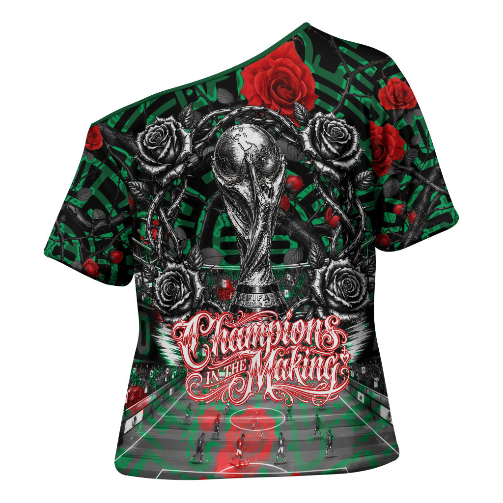 Mexico Football Golden Eagle Champions Cross Shoulder Shirt Aztec Geometric Pattern Red Rose