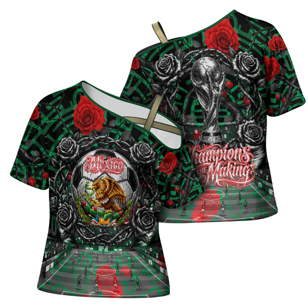Mexico Football Golden Eagle Champions Cross Shoulder Shirt Aztec Geometric Pattern Red Rose