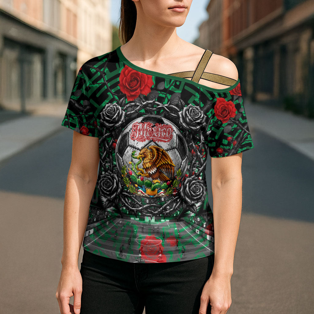 Mexico Football Golden Eagle Champions Cross Shoulder Shirt Aztec Geometric Pattern Red Rose