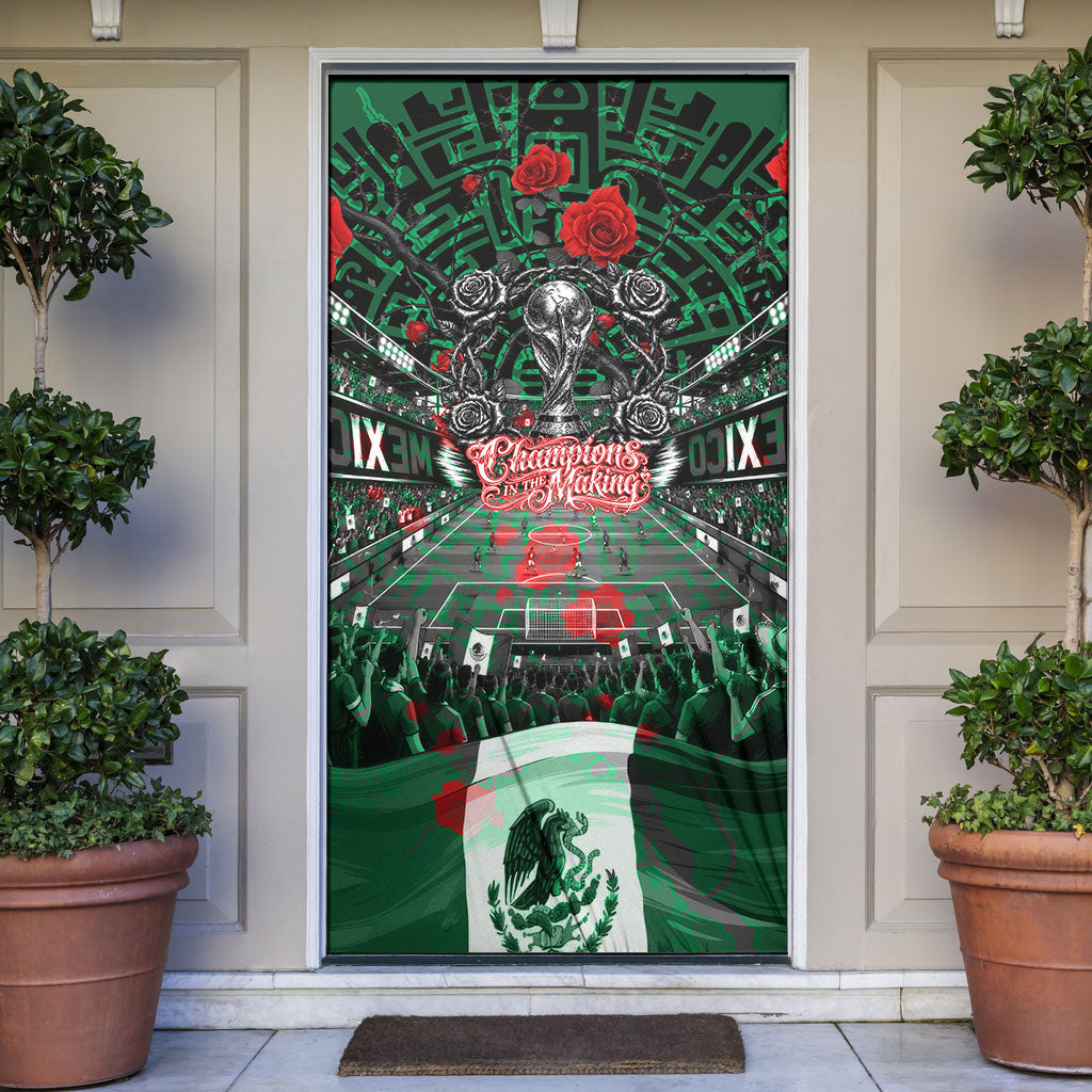 Mexico Football Golden Eagle Champions Door Cover Aztec Geometric Pattern Red Rose