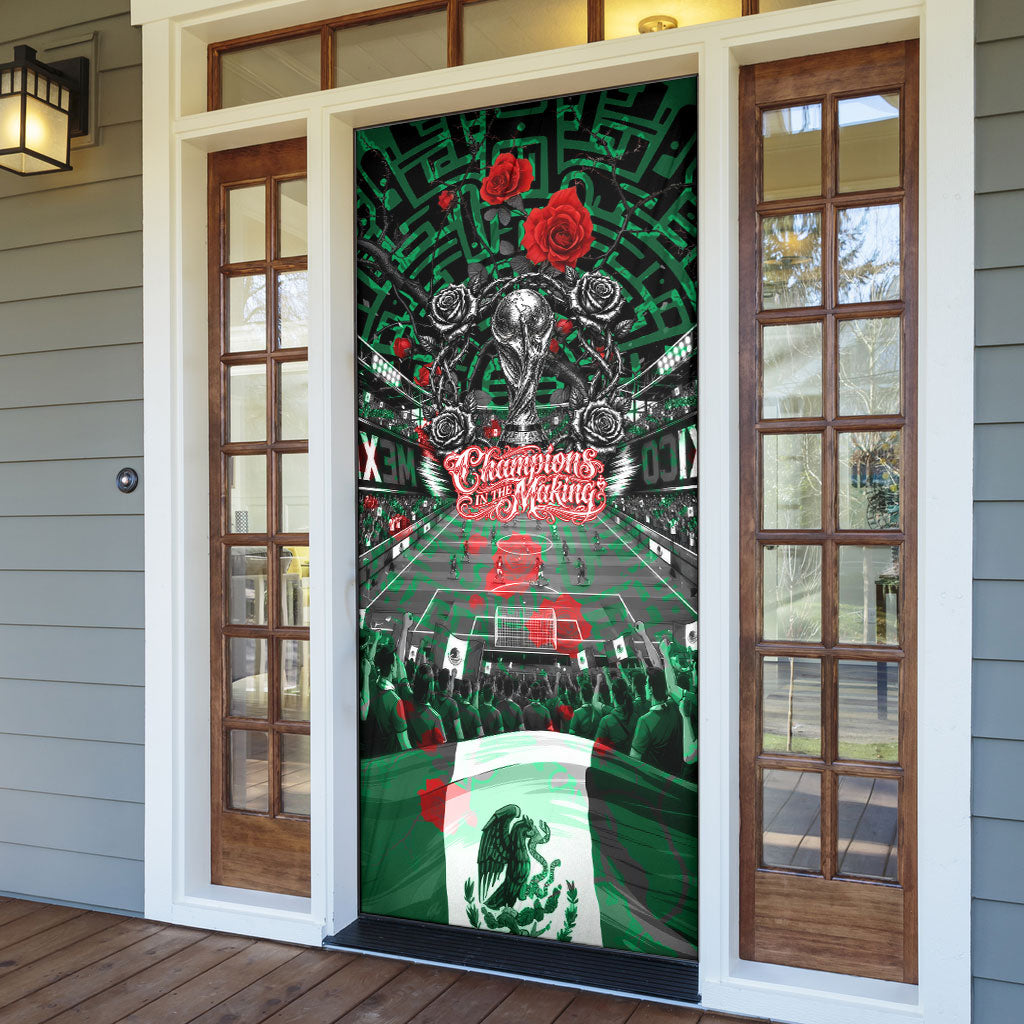 Mexico Football Golden Eagle Champions Door Cover Aztec Geometric Pattern Red Rose