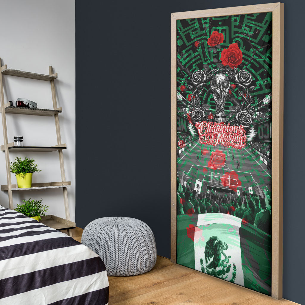 Mexico Football Golden Eagle Champions Door Cover Aztec Geometric Pattern Red Rose