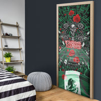 Mexico Football Golden Eagle Champions Door Cover Aztec Geometric Pattern Red Rose