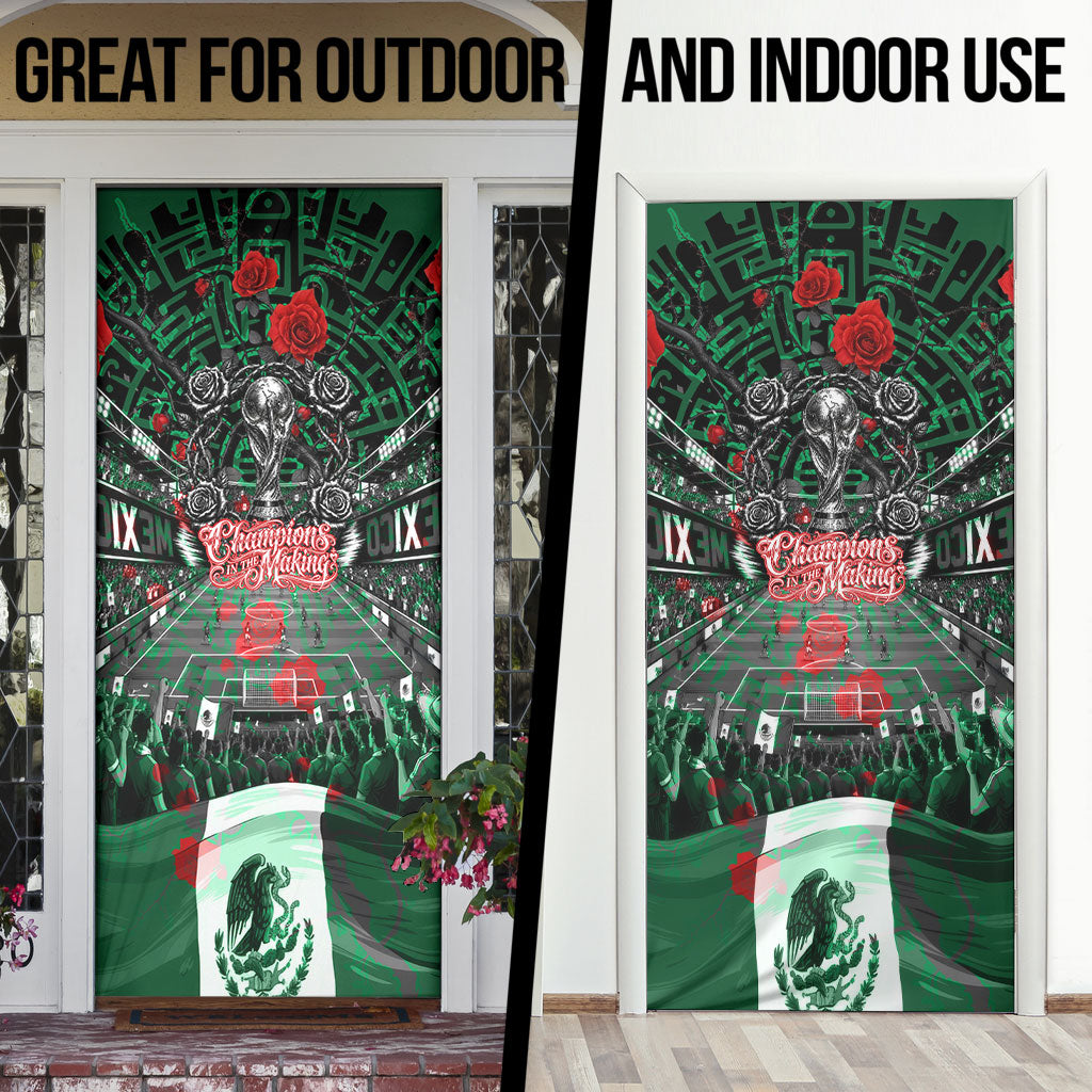 Mexico Football Golden Eagle Champions Door Cover Aztec Geometric Pattern Red Rose
