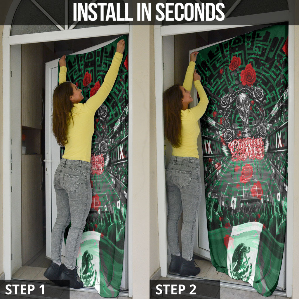 Mexico Football Golden Eagle Champions Door Cover Aztec Geometric Pattern Red Rose