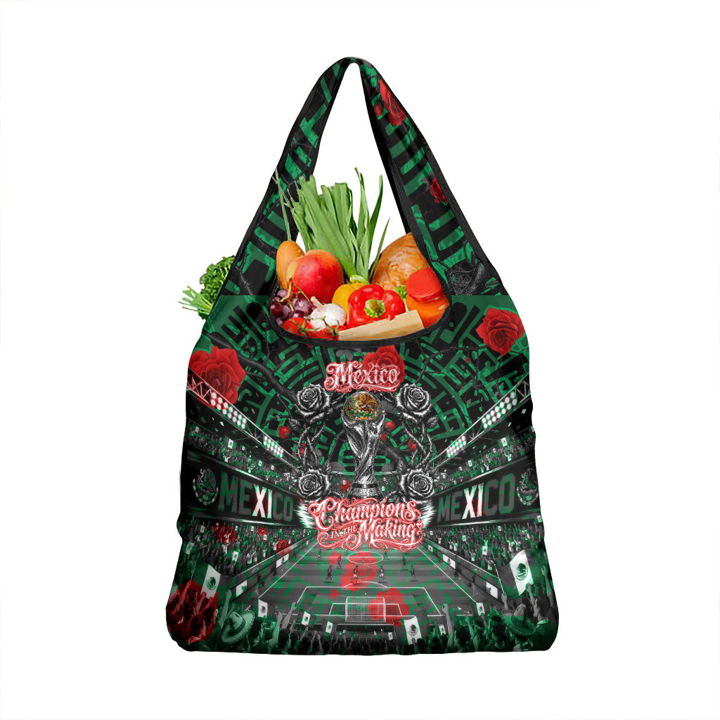 Mexico Football Golden Eagle Champions Grocery Bag Aztec Geometric Pattern Red Rose