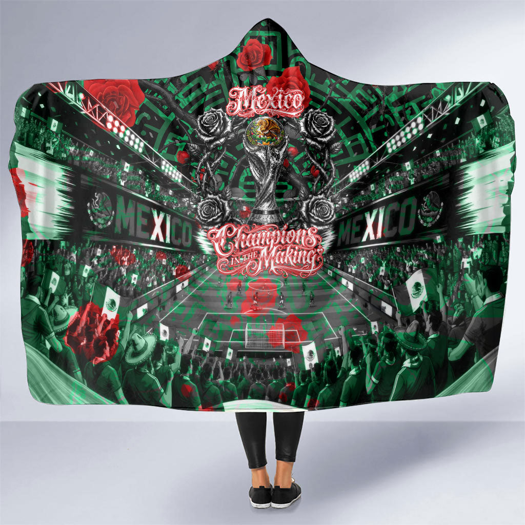 Mexico Football Golden Eagle Champions Hooded Blanket Aztec Geometric Pattern Red Rose