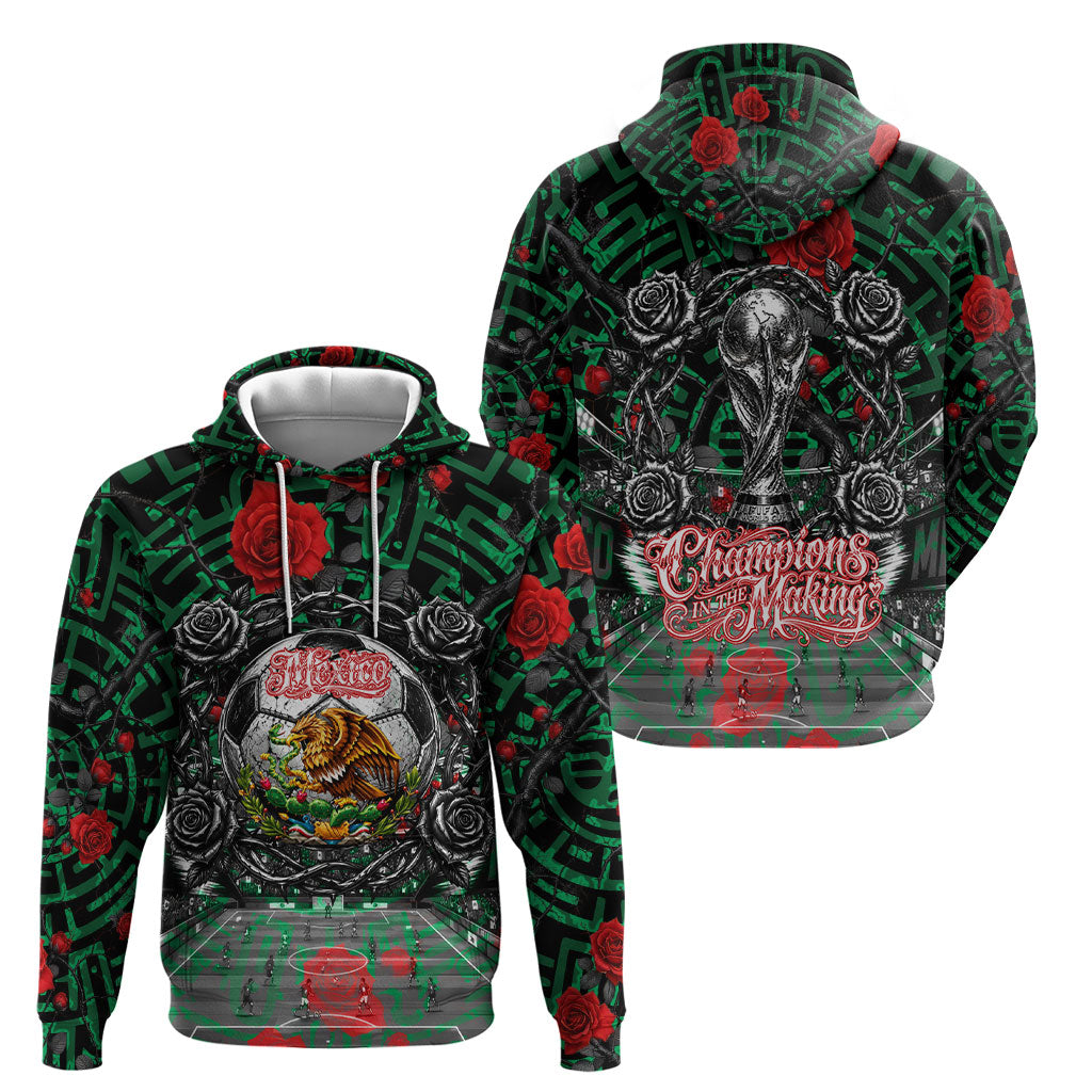Mexico Football Golden Eagle Champions Hoodie Aztec Geometric Pattern Red Rose