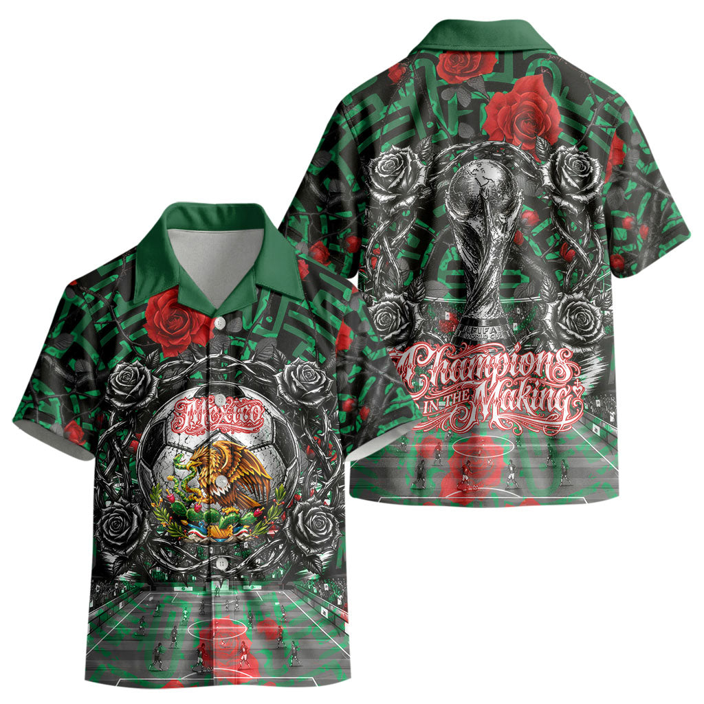 Mexico Football Golden Eagle Champions Kid Hawaiian Shirt Aztec Geometric Pattern Red Rose