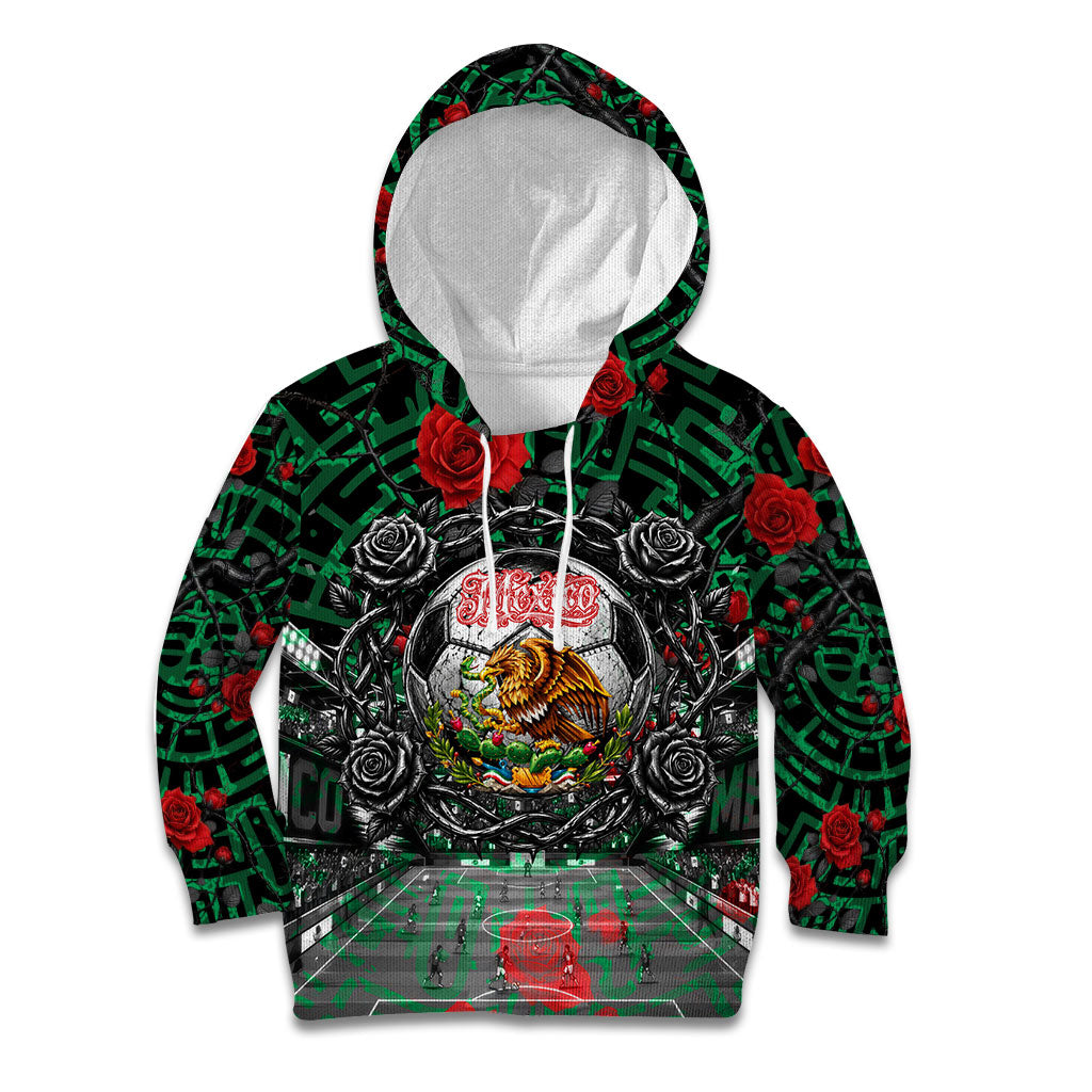 Mexico Football Golden Eagle Champions Kid Hoodie Aztec Geometric Pattern Red Rose
