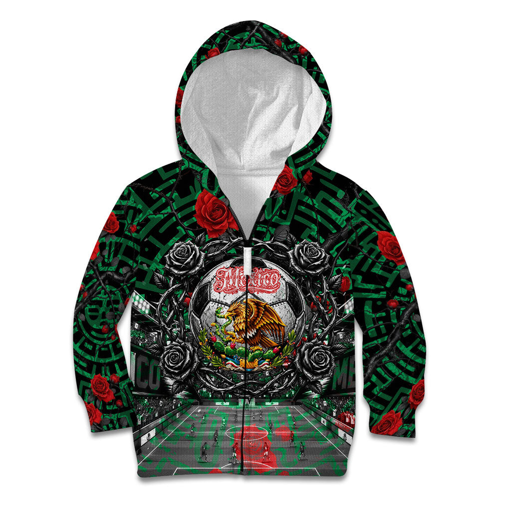 Mexico Football Golden Eagle Champions Kid Hoodie Aztec Geometric Pattern Red Rose