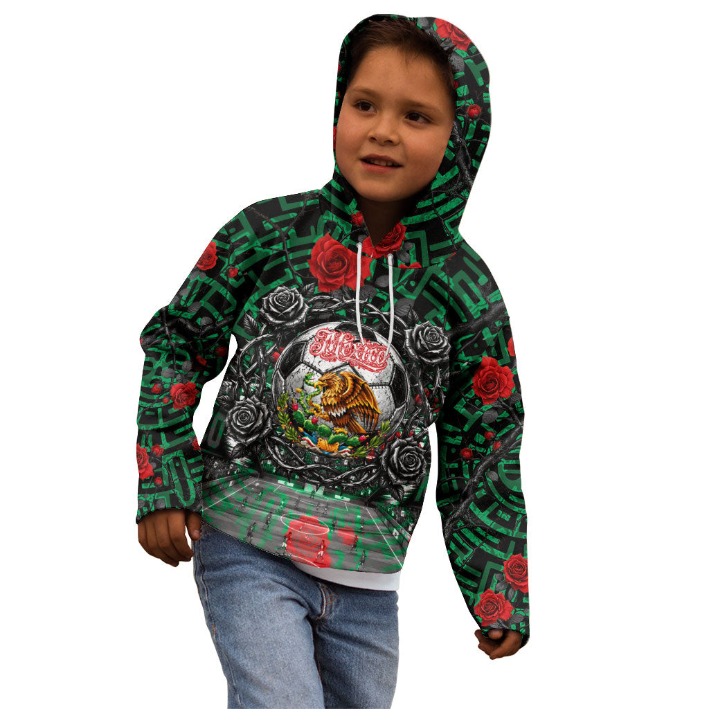 Mexico Football Golden Eagle Champions Kid Hoodie Aztec Geometric Pattern Red Rose