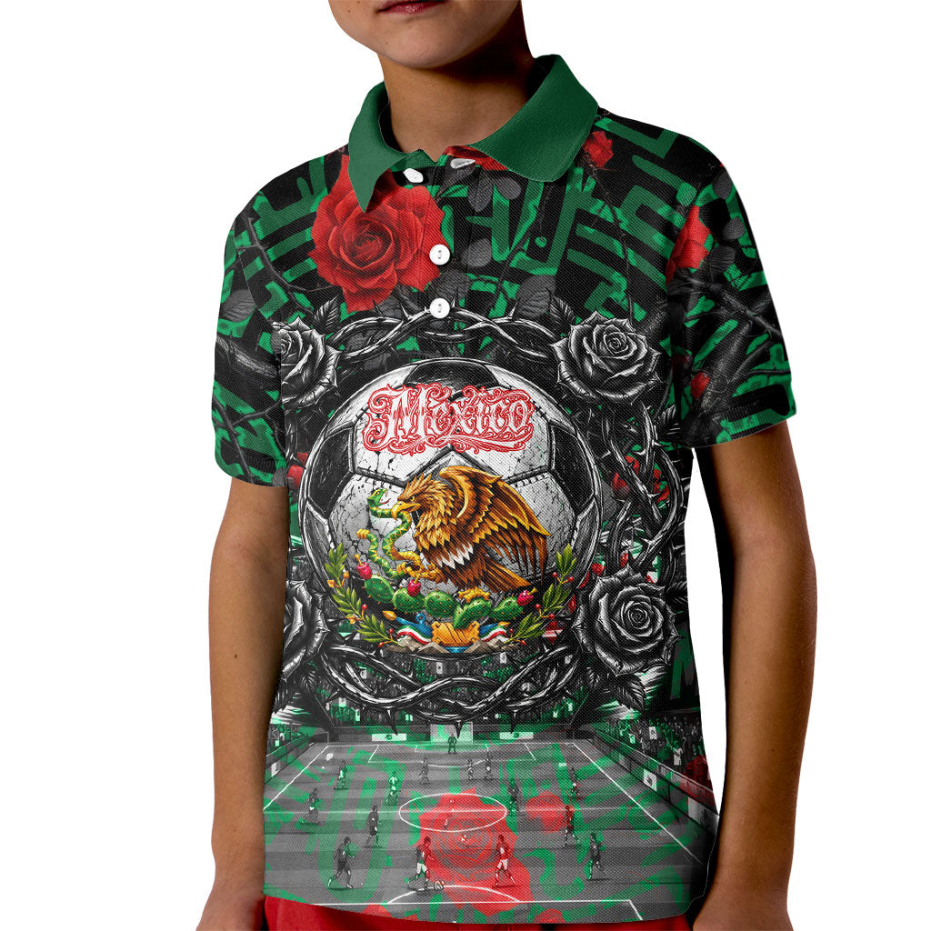 Mexico Football Golden Eagle Champions Kid Polo Shirt Aztec Geometric Pattern Red Rose
