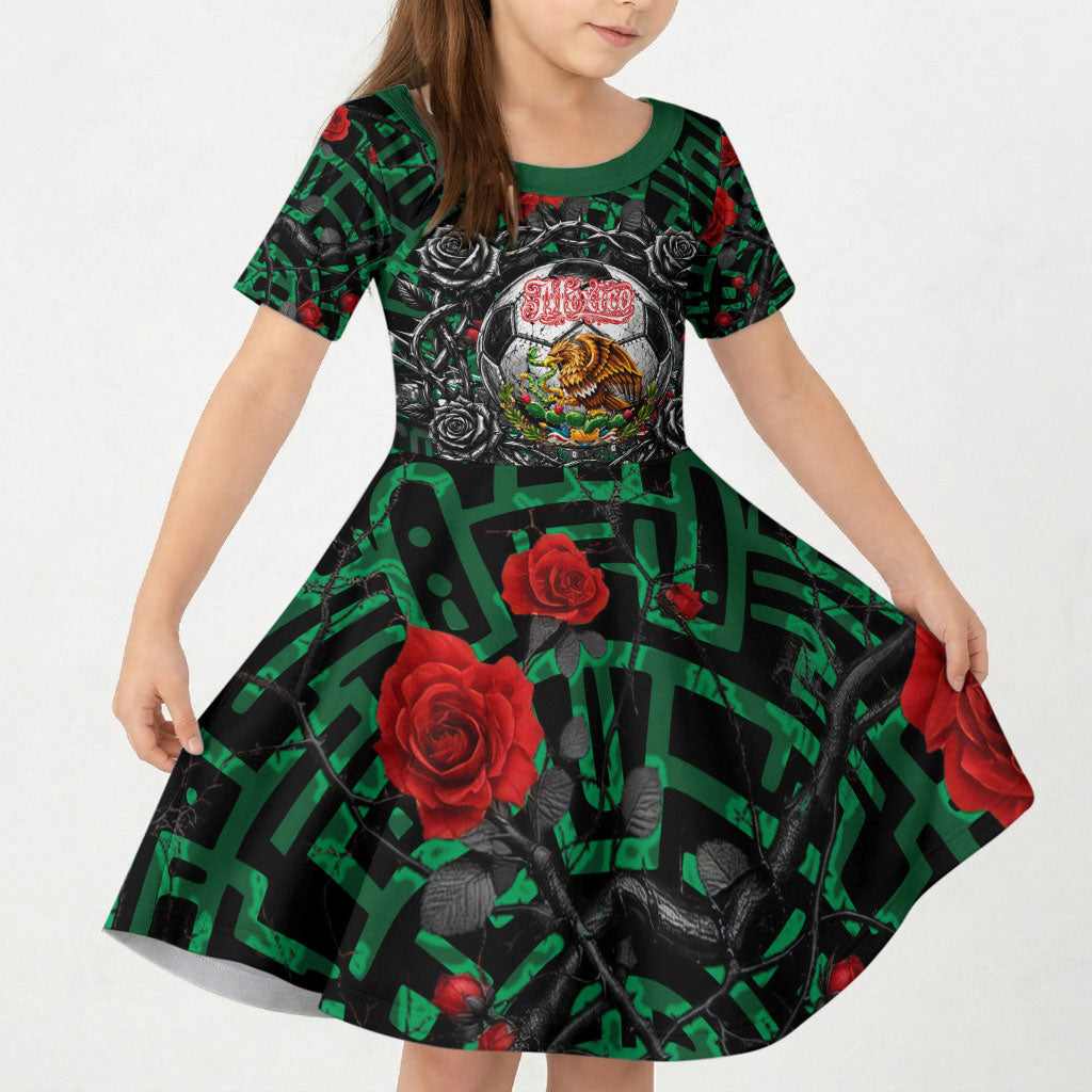 Mexico Football Golden Eagle Champions Kid Short Sleeve Dress Aztec Geometric Pattern Red Rose