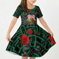 Mexico Football Golden Eagle Champions Kid Short Sleeve Dress Aztec Geometric Pattern Red Rose