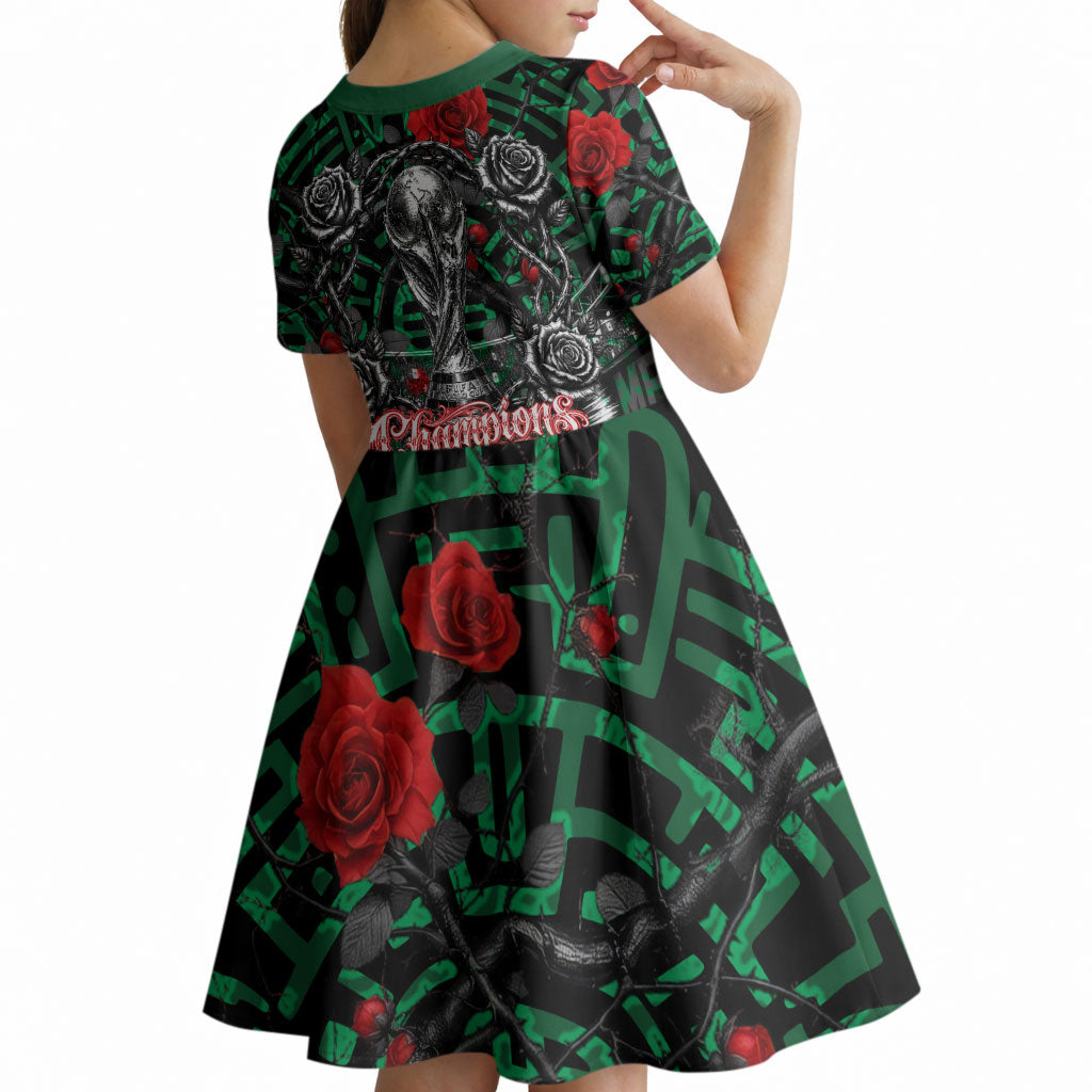 Mexico Football Golden Eagle Champions Kid Short Sleeve Dress Aztec Geometric Pattern Red Rose