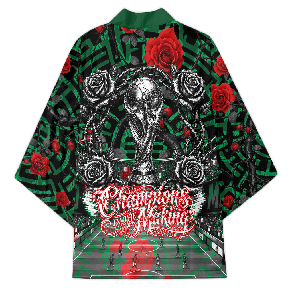 Mexico Football Golden Eagle Champions Kimono Aztec Geometric Pattern Red Rose