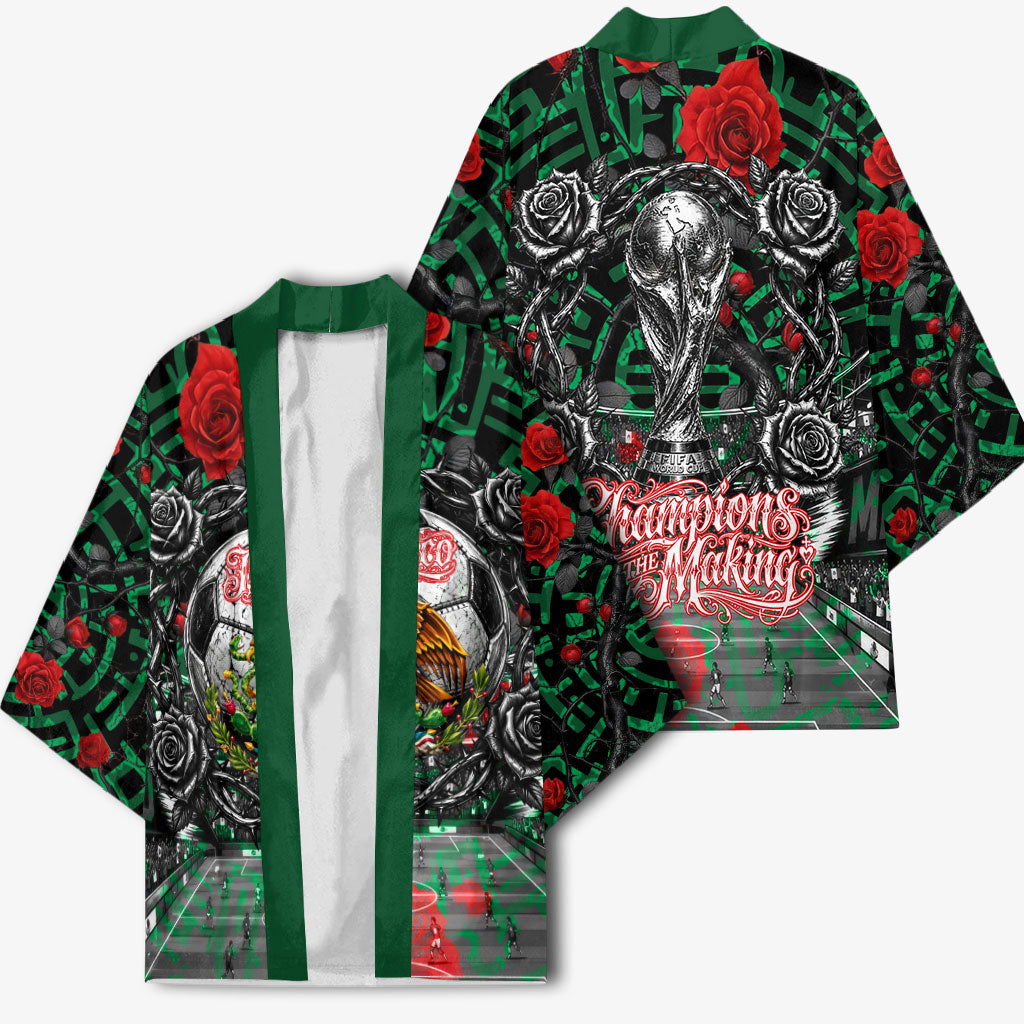 Mexico Football Golden Eagle Champions Kimono Aztec Geometric Pattern Red Rose