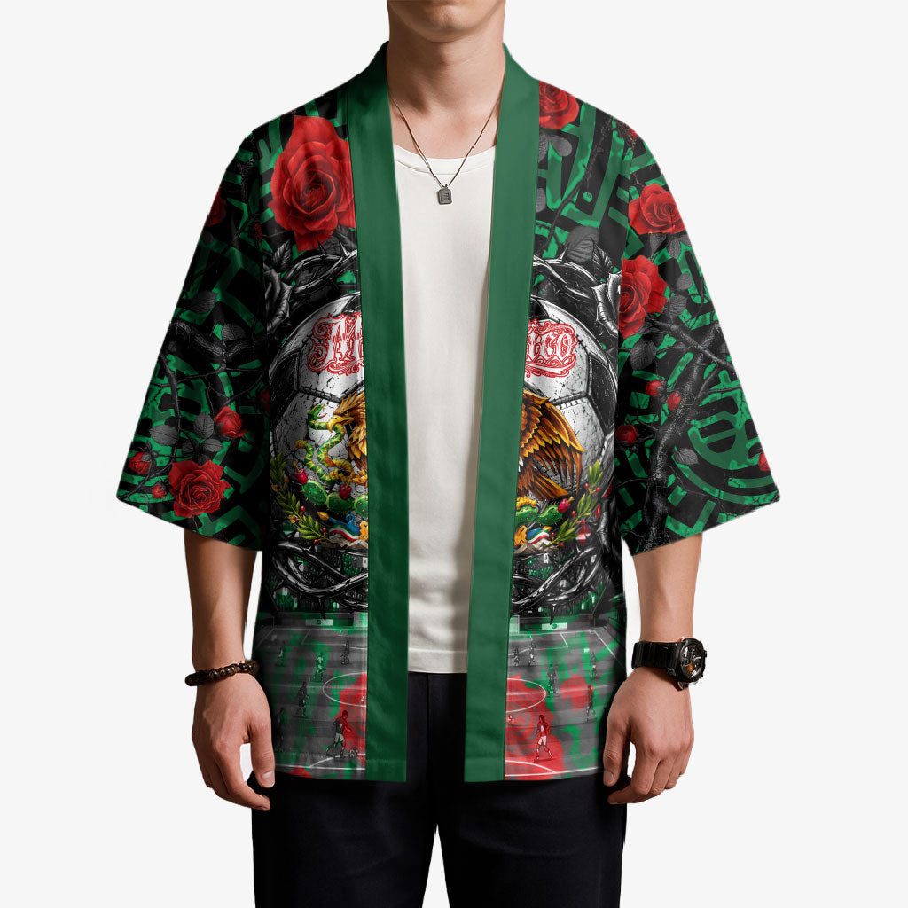 Mexico Football Golden Eagle Champions Kimono Aztec Geometric Pattern Red Rose