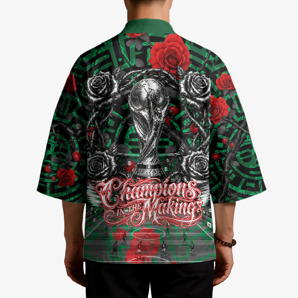 Mexico Football Golden Eagle Champions Kimono Aztec Geometric Pattern Red Rose