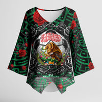 Mexico Football Golden Eagle Champions Kimono Sleeve Blouse Aztec Geometric Pattern Red Rose