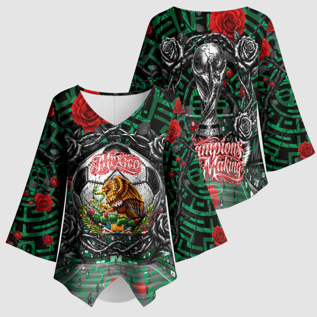 Mexico Football Golden Eagle Champions Kimono Sleeve Blouse Aztec Geometric Pattern Red Rose