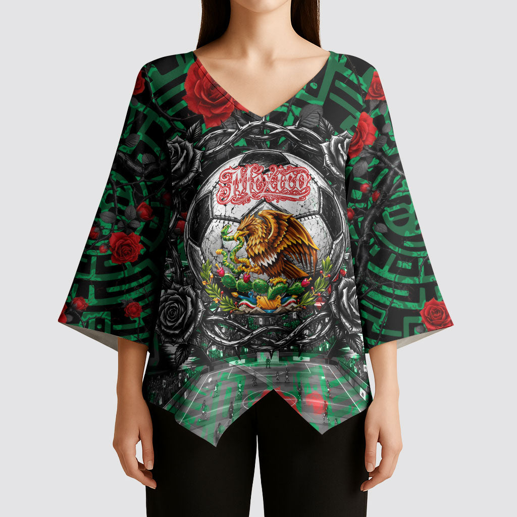 Mexico Football Golden Eagle Champions Kimono Sleeve Blouse Aztec Geometric Pattern Red Rose
