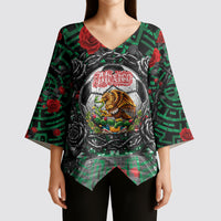 Mexico Football Golden Eagle Champions Kimono Sleeve Blouse Aztec Geometric Pattern Red Rose