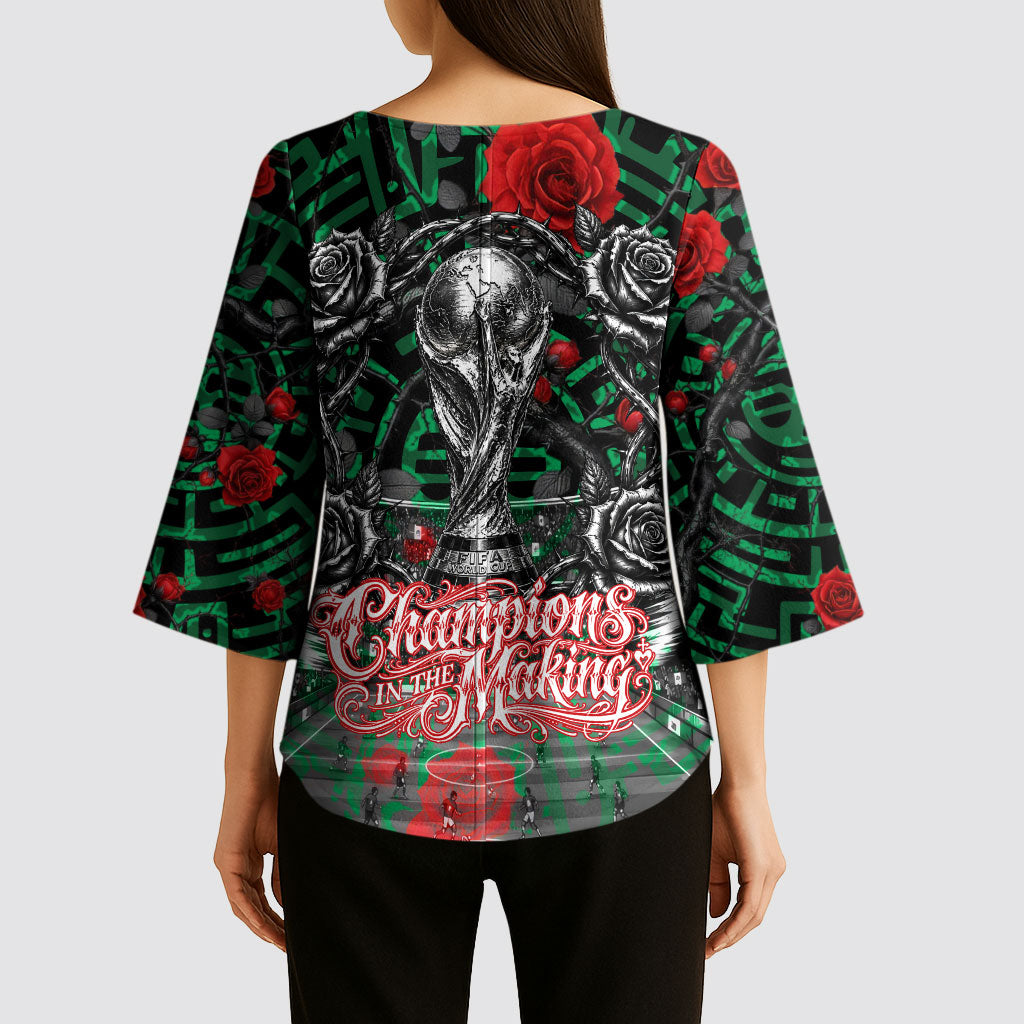 Mexico Football Golden Eagle Champions Kimono Sleeve Blouse Aztec Geometric Pattern Red Rose
