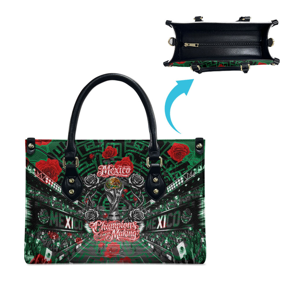 Mexico Football Golden Eagle Champions Leather Bag Aztec Geometric Pattern Red Rose