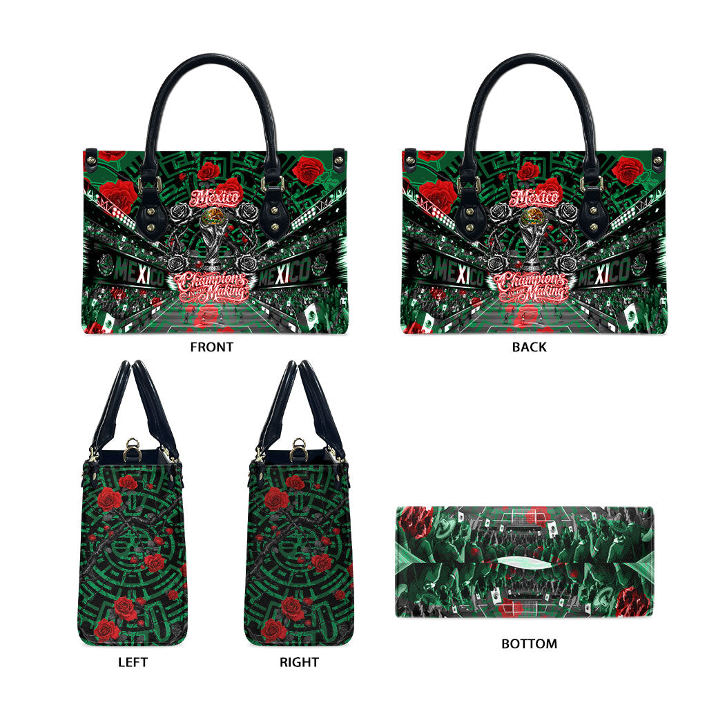 Mexico Football Golden Eagle Champions Leather Bag Aztec Geometric Pattern Red Rose