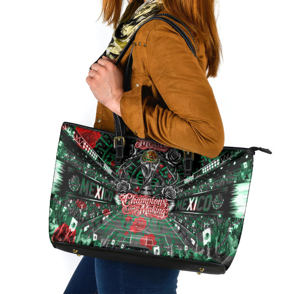 Mexico Football Golden Eagle Champions Leather Tote Bag Aztec Geometric Pattern Red Rose