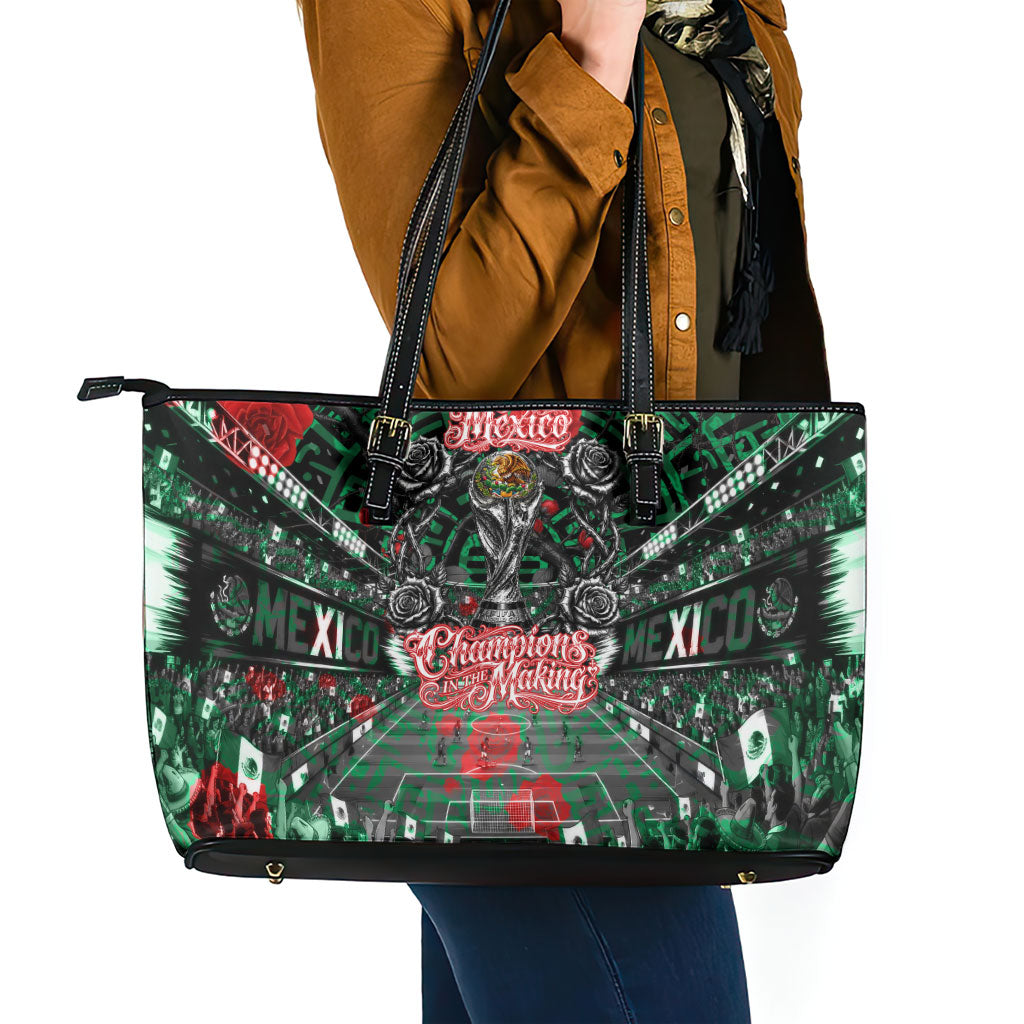 Mexico Football Golden Eagle Champions Leather Tote Bag Aztec Geometric Pattern Red Rose