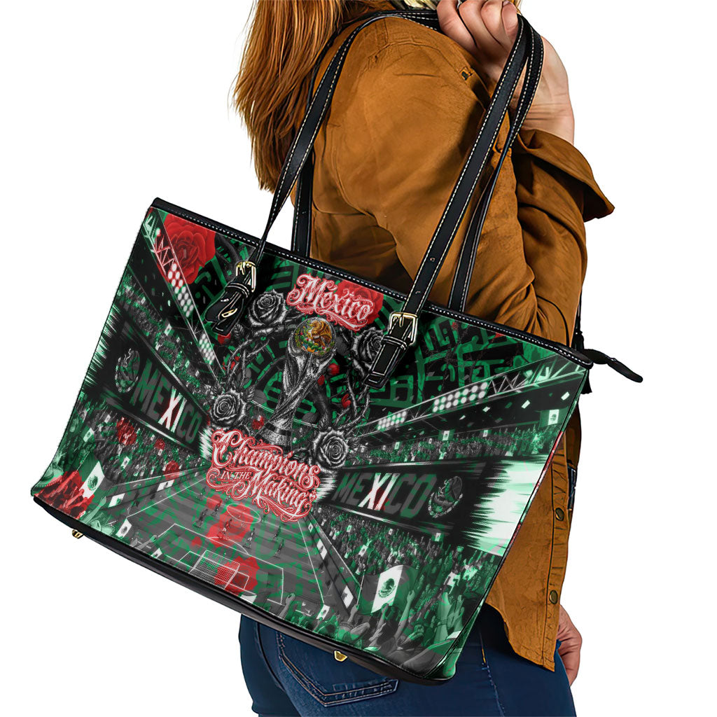 Mexico Football Golden Eagle Champions Leather Tote Bag Aztec Geometric Pattern Red Rose