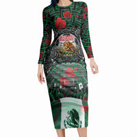 Mexico Football Golden Eagle Champions Long Sleeve Bodycon Dress Aztec Geometric Pattern Red Rose