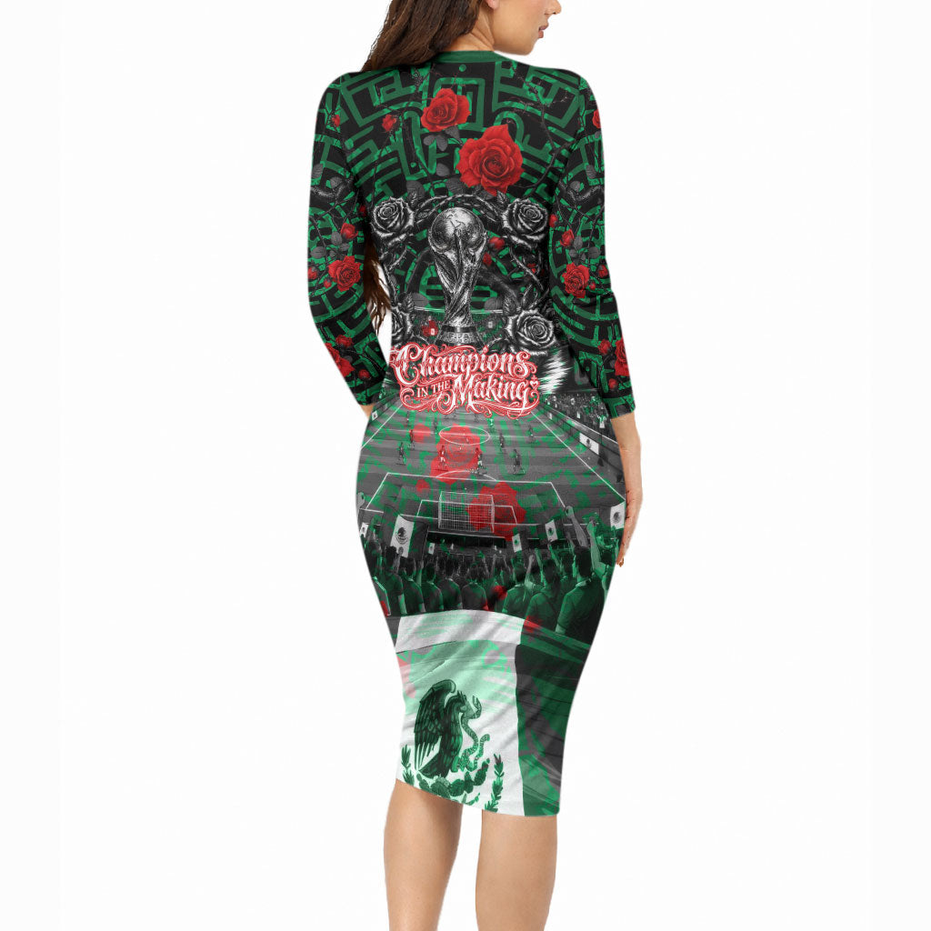 Mexico Football Golden Eagle Champions Long Sleeve Bodycon Dress Aztec Geometric Pattern Red Rose