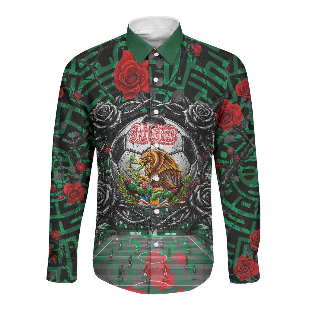 Mexico Football Golden Eagle Champions Long Sleeve Button Shirt Aztec Geometric Pattern Red Rose