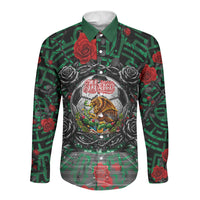 Mexico Football Golden Eagle Champions Long Sleeve Button Shirt Aztec Geometric Pattern Red Rose