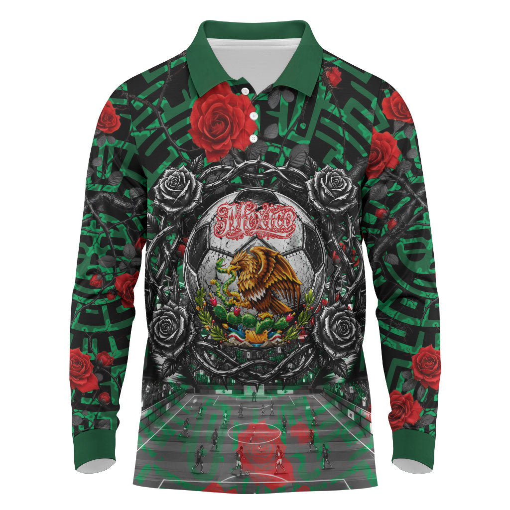 Mexico Football Golden Eagle Champions Long Sleeve Polo Shirt Aztec Geometric Pattern Red Rose