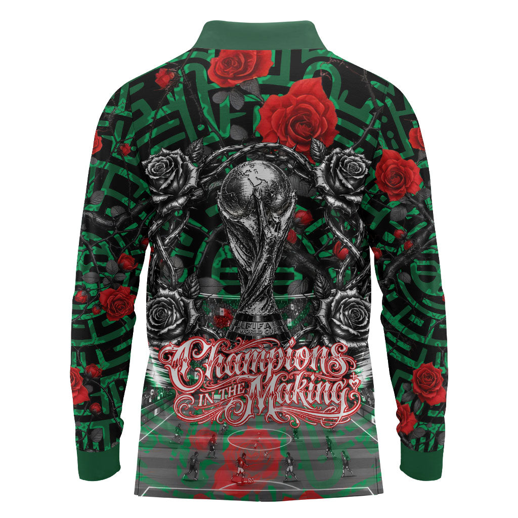 Mexico Football Golden Eagle Champions Long Sleeve Polo Shirt Aztec Geometric Pattern Red Rose