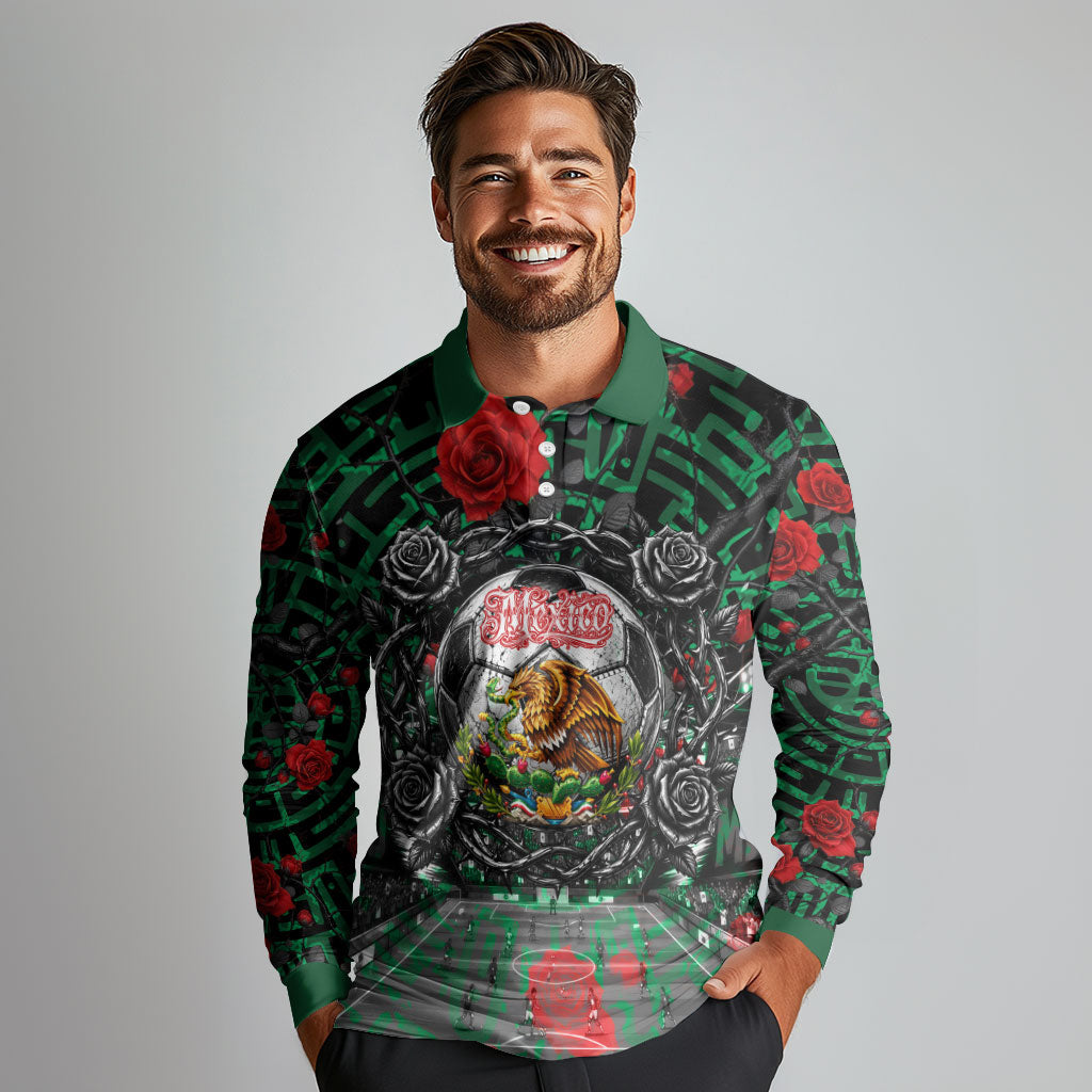 Mexico Football Golden Eagle Champions Long Sleeve Polo Shirt Aztec Geometric Pattern Red Rose