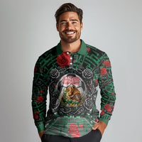 Mexico Football Golden Eagle Champions Long Sleeve Polo Shirt Aztec Geometric Pattern Red Rose