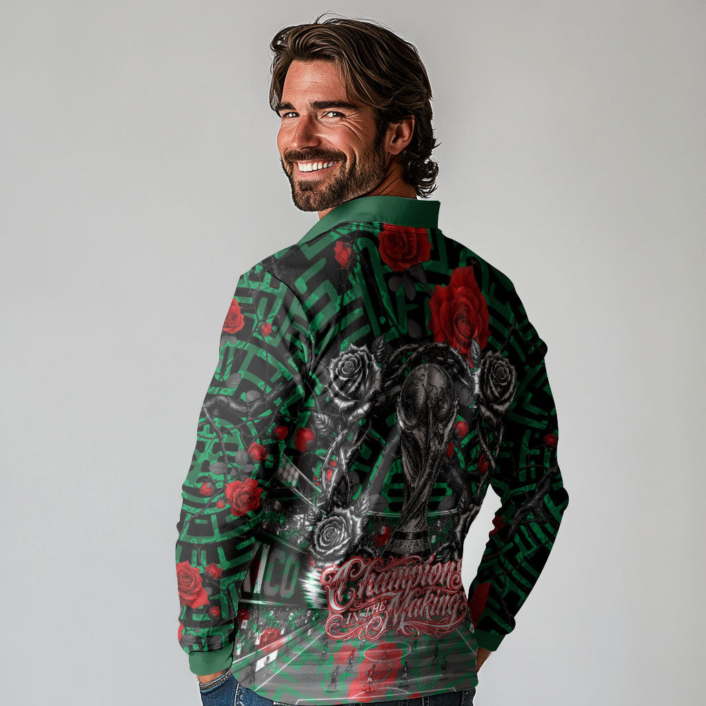 Mexico Football Golden Eagle Champions Long Sleeve Polo Shirt Aztec Geometric Pattern Red Rose