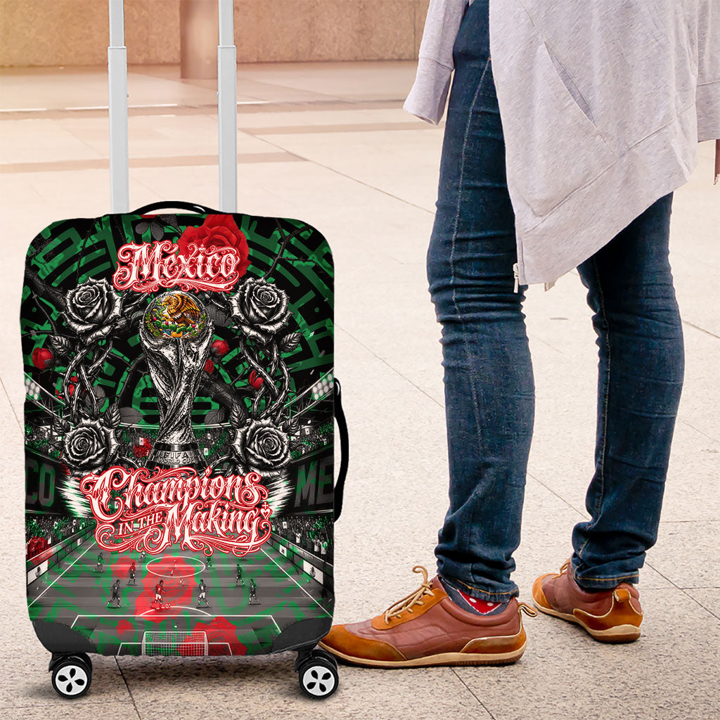 Mexico Football Golden Eagle Champions Luggage Cover Aztec Geometric Pattern Red Rose