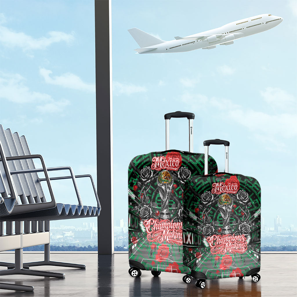 Mexico Football Golden Eagle Champions Luggage Cover Aztec Geometric Pattern Red Rose