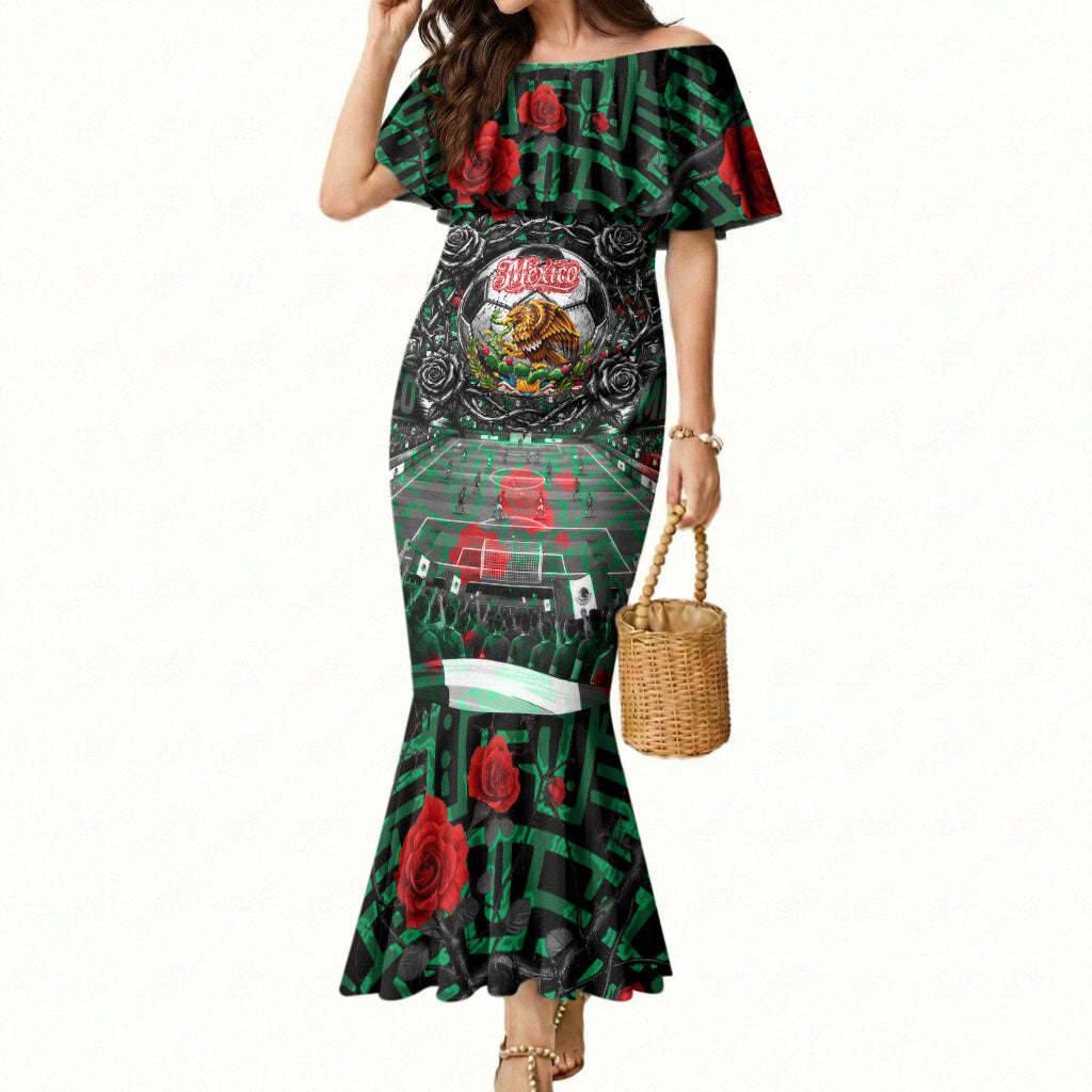 Mexico Football Golden Eagle Champions Mermaid Dress Aztec Geometric Pattern Red Rose