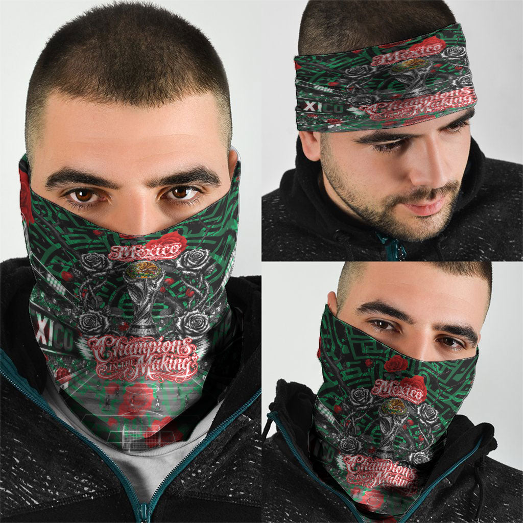 Mexico Football Golden Eagle Champions Neck Gaiter Aztec Geometric Pattern Red Rose