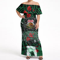 Mexico Football Golden Eagle Champions Off Shoulder Maxi Dress Aztec Geometric Pattern Red Rose